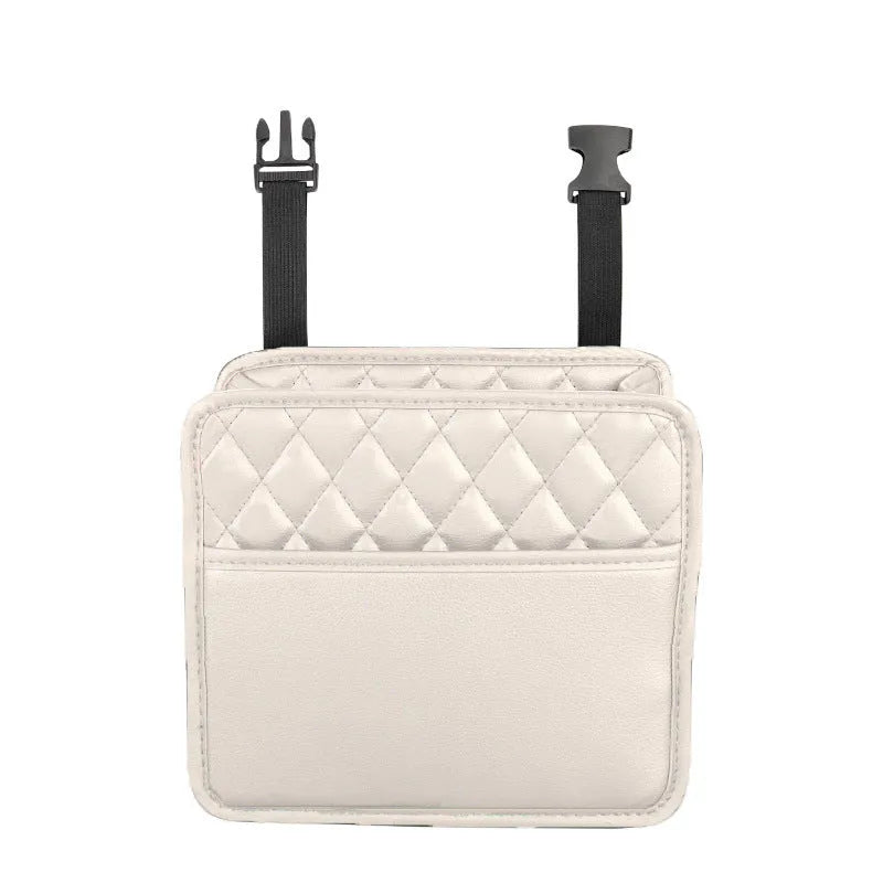 Black leather car hanging storage bag measuring 25cm square with 8cm depth