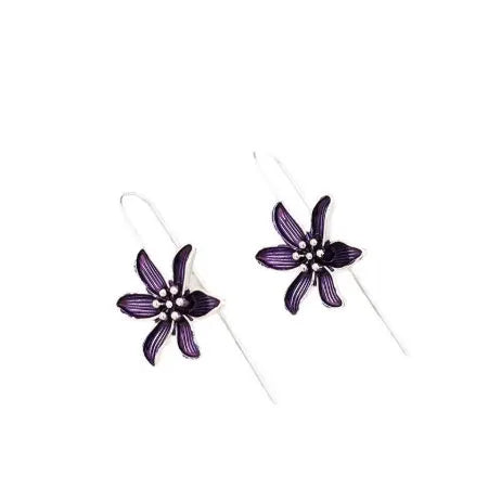 Purple flower retro alloy drop earrings with silver-tone electroplated finish