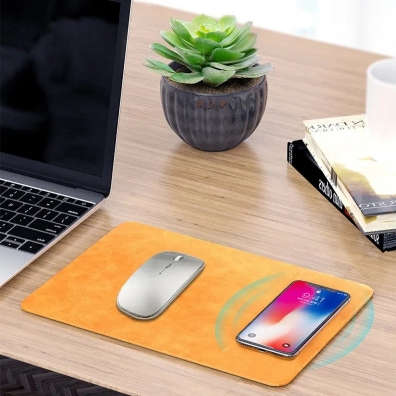 Brown leather wireless charging mouse pad with micro-USB cable for fast Qi charging.