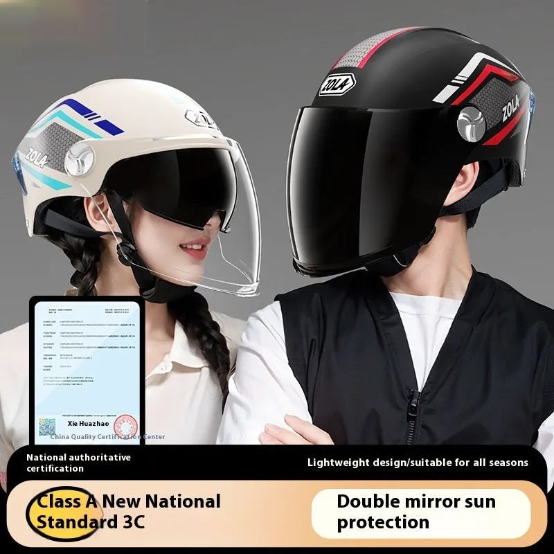 3C certified ABS half motorcycle helmet with double mirror visor in various colours for men women and children