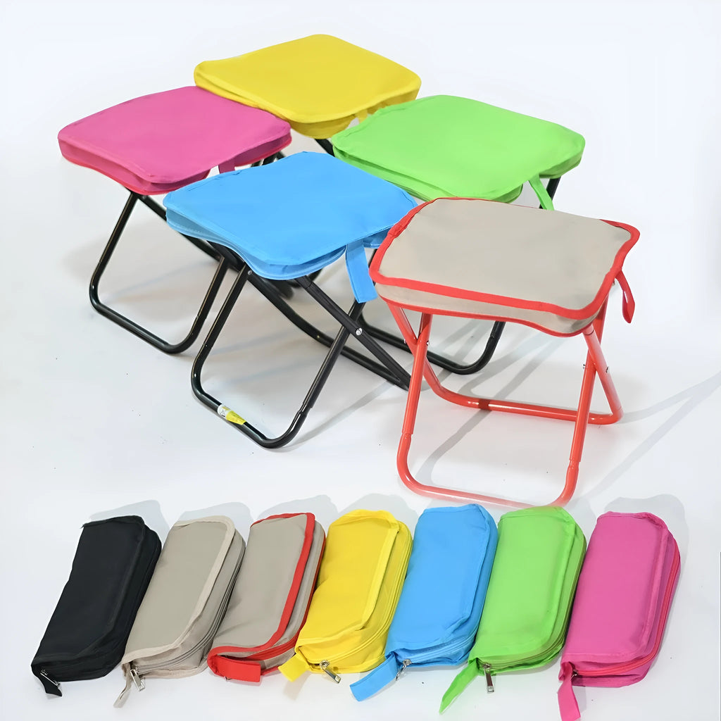 Lightweight foldable outdoor camp stool in oxford cloth, shown in a flat pencil box style.