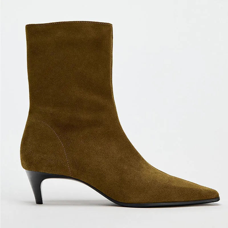 Brown women's square toe ankle boots with a side zipper and a mid-height kitten heel on a waterproof platform.