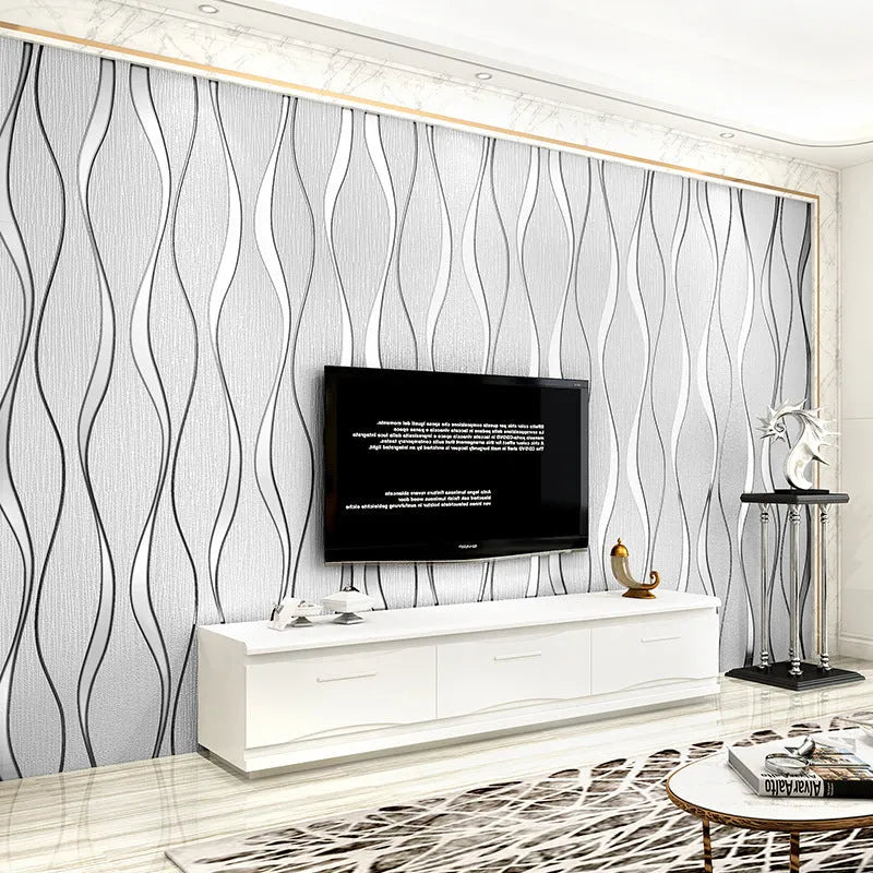 3D curved stripe decorative wallpaper with deerskin velvet texture in light grey and dark brown colours