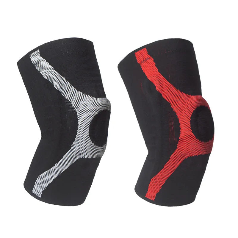 Silicone non-slip sports kneepad in grey, shown on a knee for running or climbing protection.