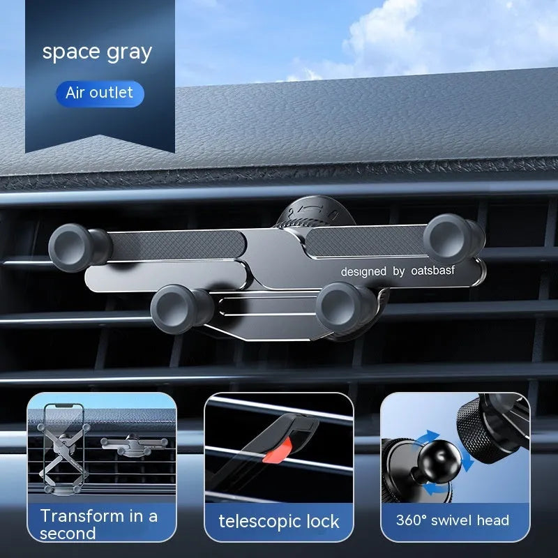 Car mobile phone holder with invisible alloy bracket for air vent or adhesive mounting in black, silver, or grey