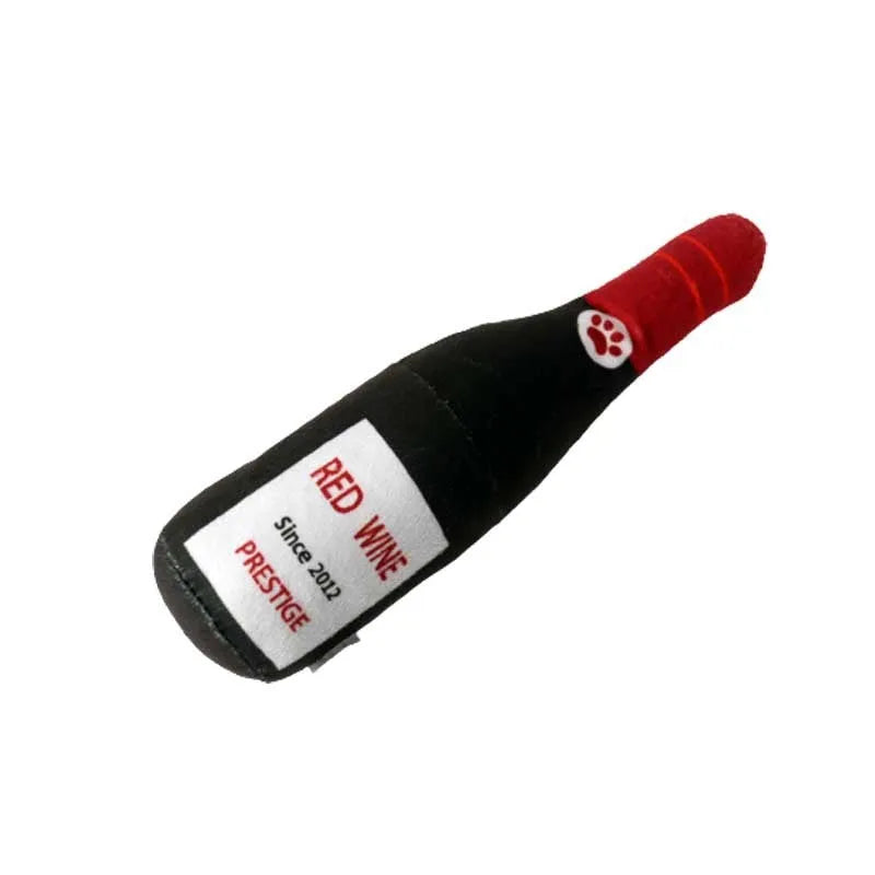 Plush wine bottle shaped dog toy with squeaker in various colour options