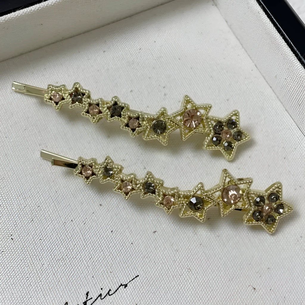 Gold electroplated Korean style bangs barrette with side clip and rhinestone star decoration