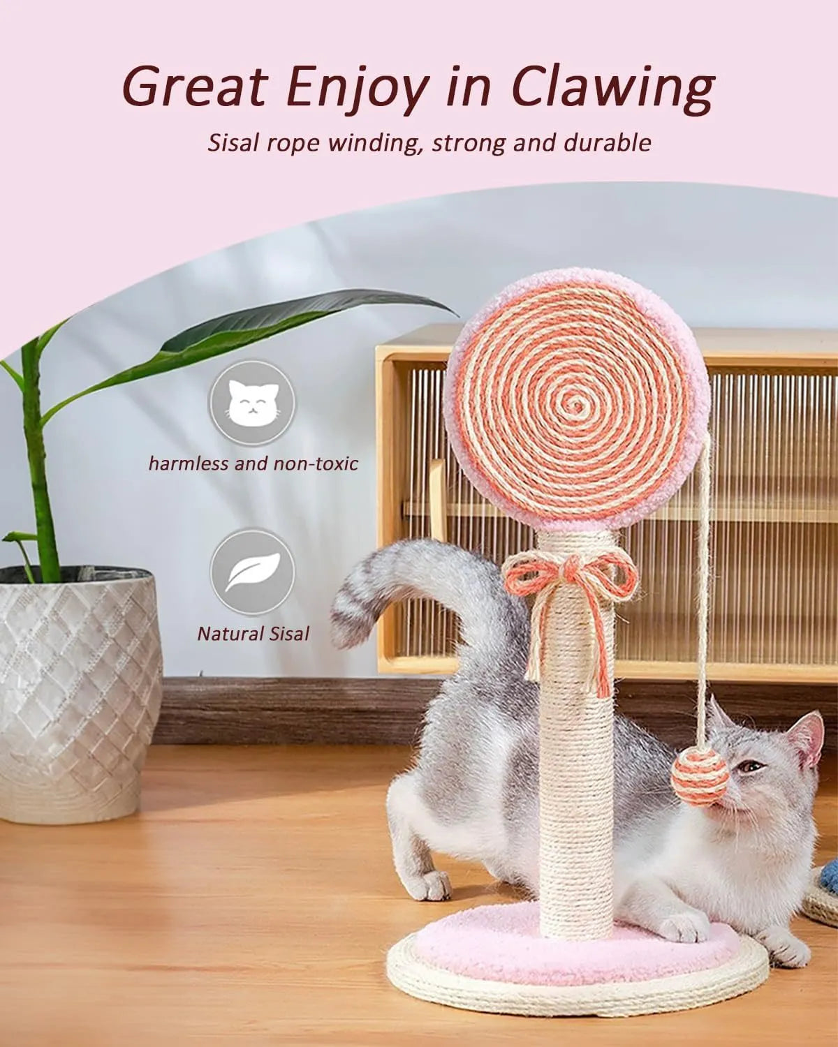 Blue cat scratching post with sisal rope and a hanging ball toy on a stable wooden base.