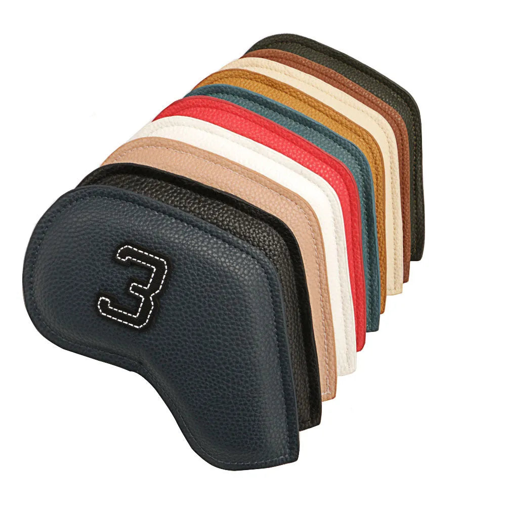Set of 10 printed PU golf club head covers in assorted digital patterns.