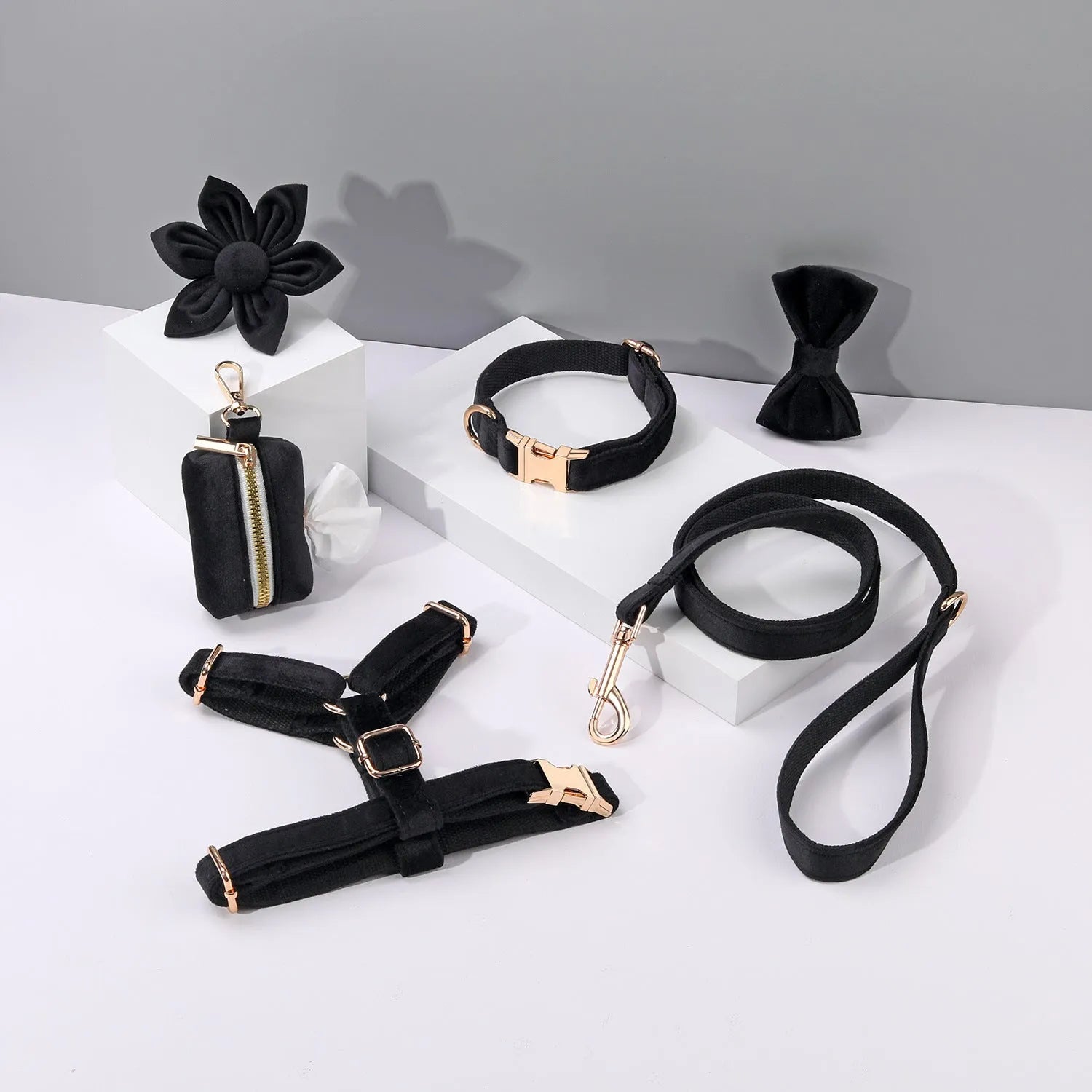 Classic velvet soft pet collar and traction rope set with chest strap, bow tie, flower and toilet bag accessories