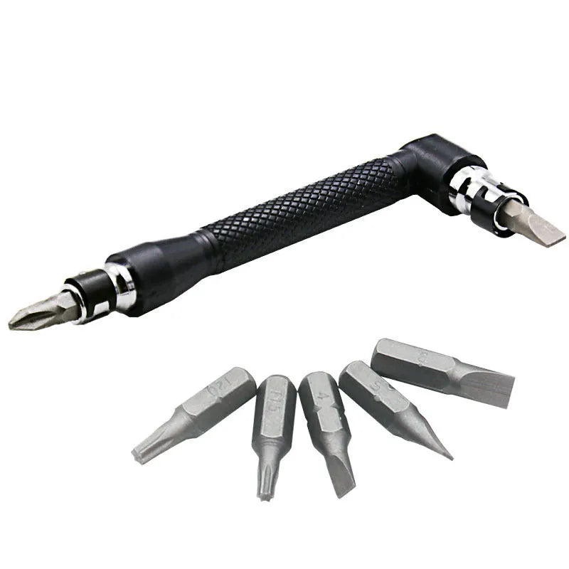 L-shaped double-headed socket wrench set with drill bits and sockets on a workbench.