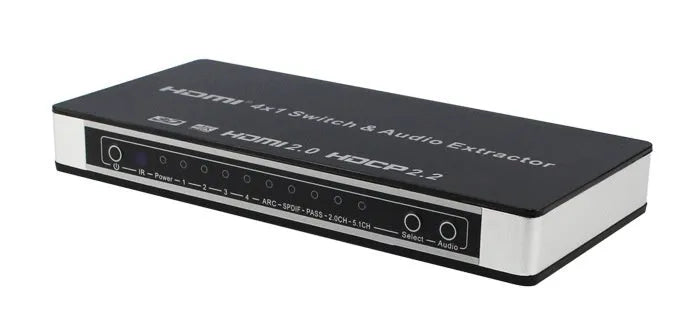 Black 4-in 1-out HDMI audio extractor switch with remote control on a dark surface.