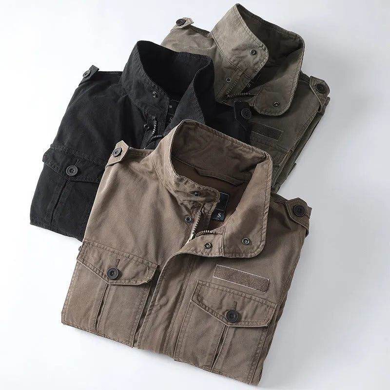 Men's loose-fit casual cotton zip-up jacket in light brown colour, retro style.