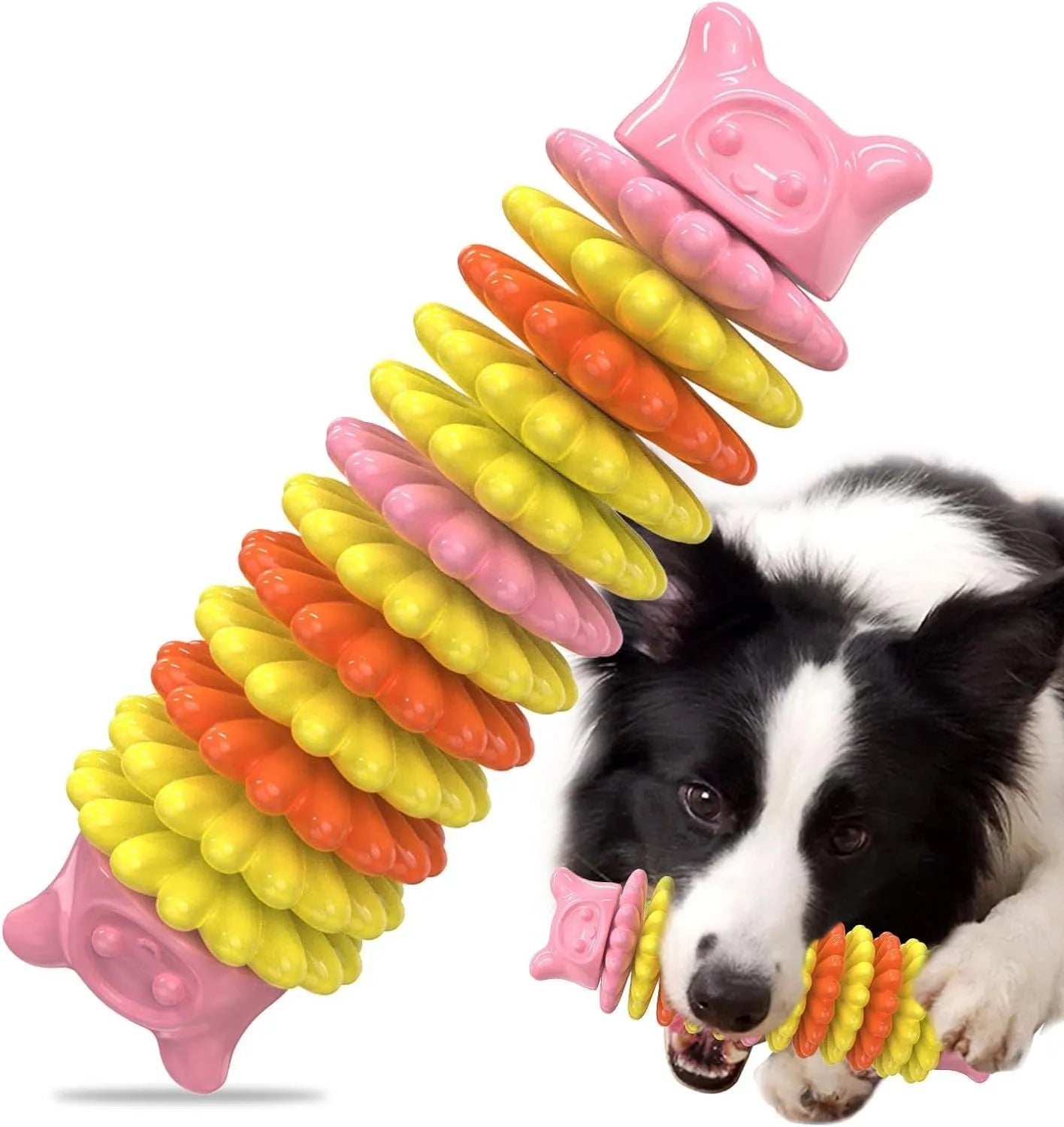 Blue caterpillar-shaped natural rubber dog chew toy measuring 17cm long