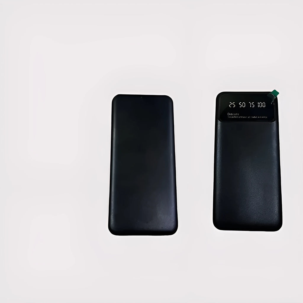 Black ultra-thin power bank showing compact 67x14x140mm dimensions with 10000mAh capacity display