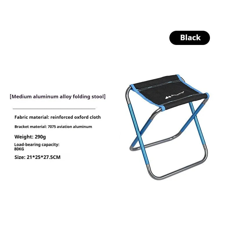 Black folding camping stool with an aluminium frame, shown in both open and folded positions.