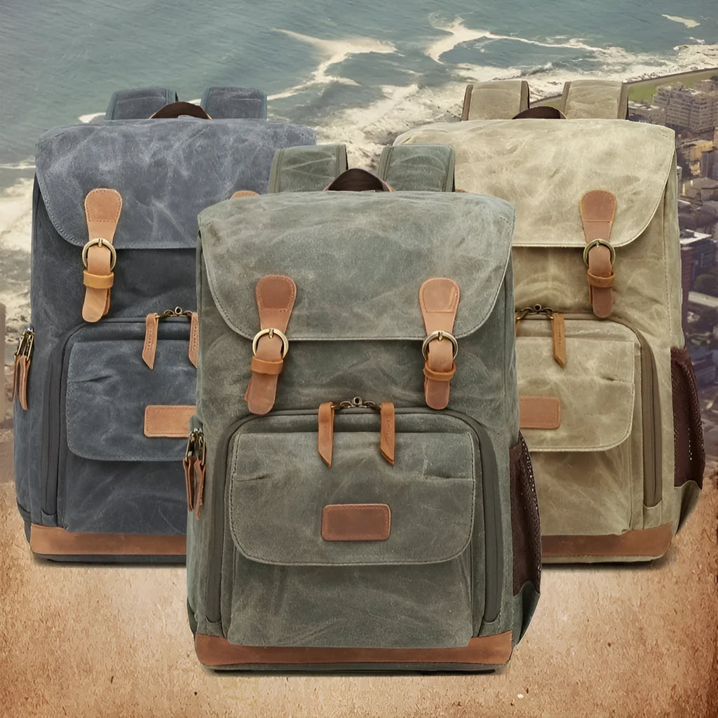 Canvas DSLR camera backpack in khaki colour with backpack straps and multi-functional design