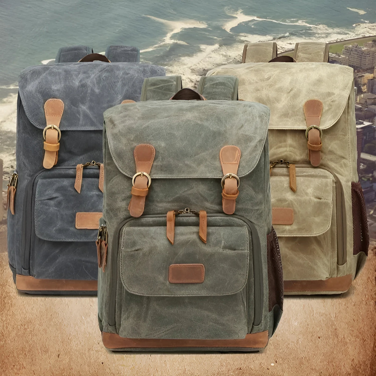 Canvas DSLR camera backpack in khaki colour with backpack straps and multi-functional design