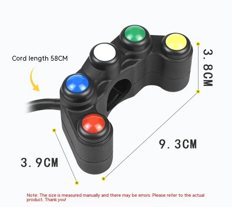 Plastic five-position toggle switch with coloured buttons for motorcycle electrical accessories.