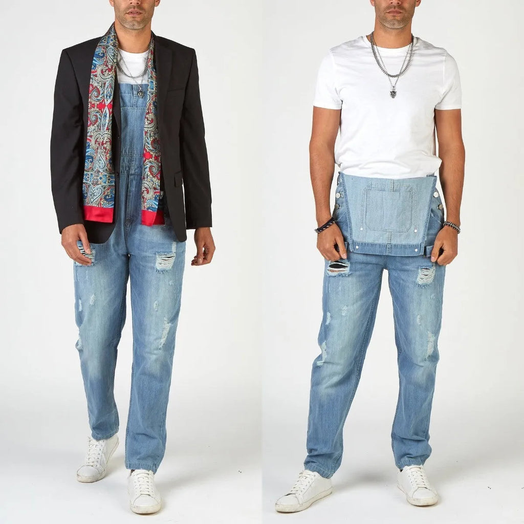 Light blue men's high-waisted jeans with button-on suspenders and a straight leg.