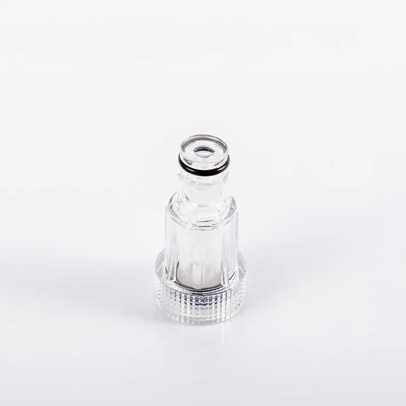 Transparent plastic inlet water joint for Karcher pressure washers showing 3cm diameter connection