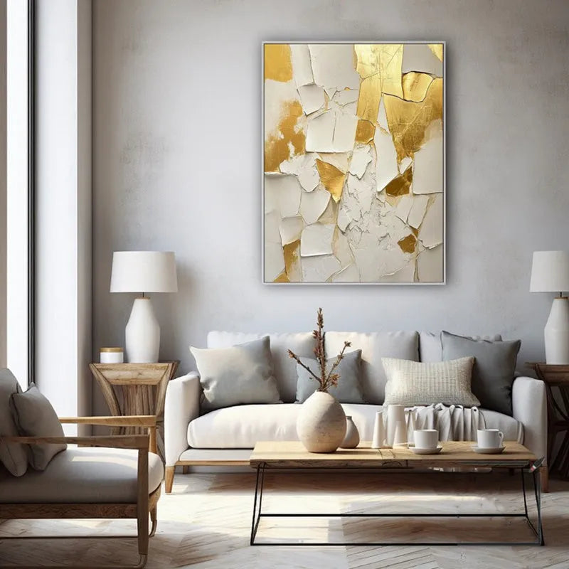 Golden and white handmade abstract oil painting on canvas, vertical one-panel wall art, unframed