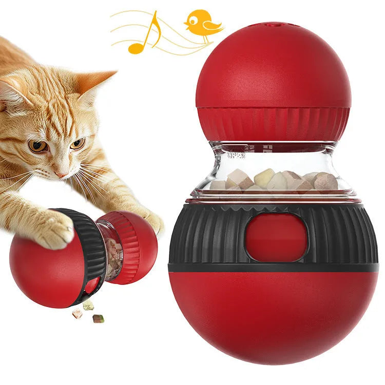 Plastic rotating cat toy with food dropping mechanism and colourful super ball design