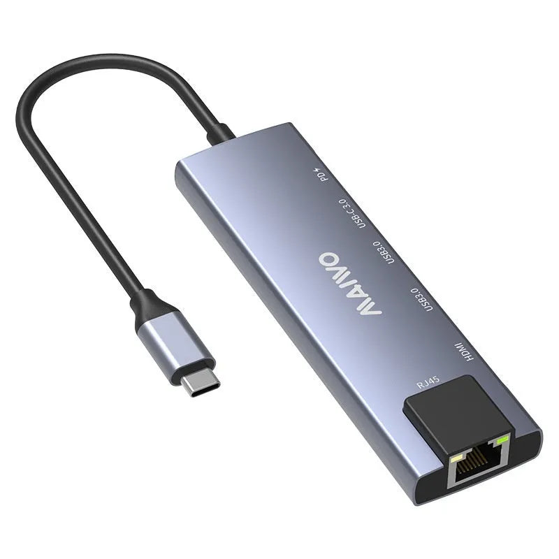 Aluminium Steam Deck six-in-one docking station with Type-C cable, HDMI, Ethernet, and USB ports.