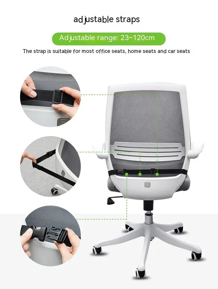 Memory foam car seat cushion with adjustable strap in black, grey and creamy white colours.