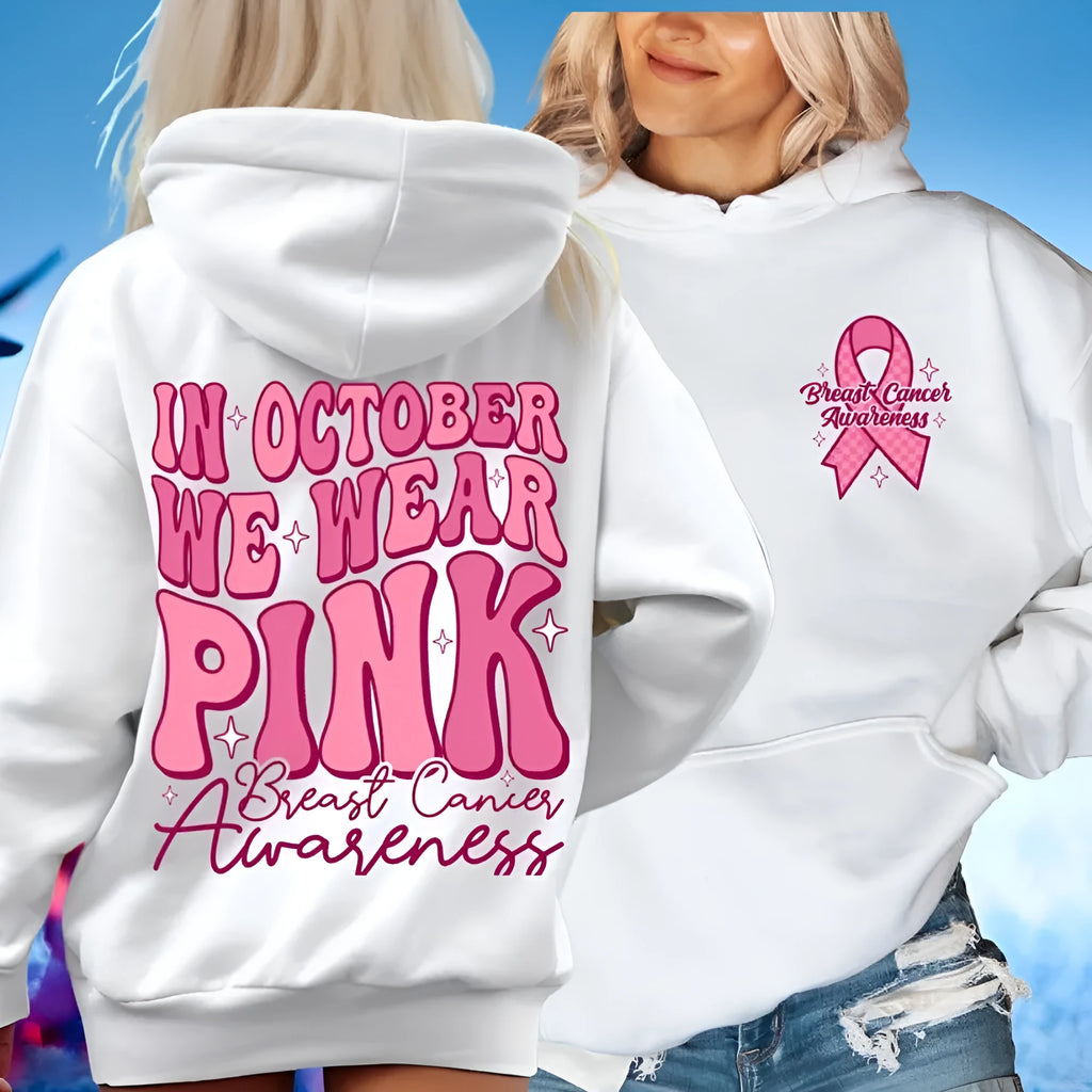 Breast Cancer Awareness hoodie with retro pattern hot stamping and side seam pocket in pink colour