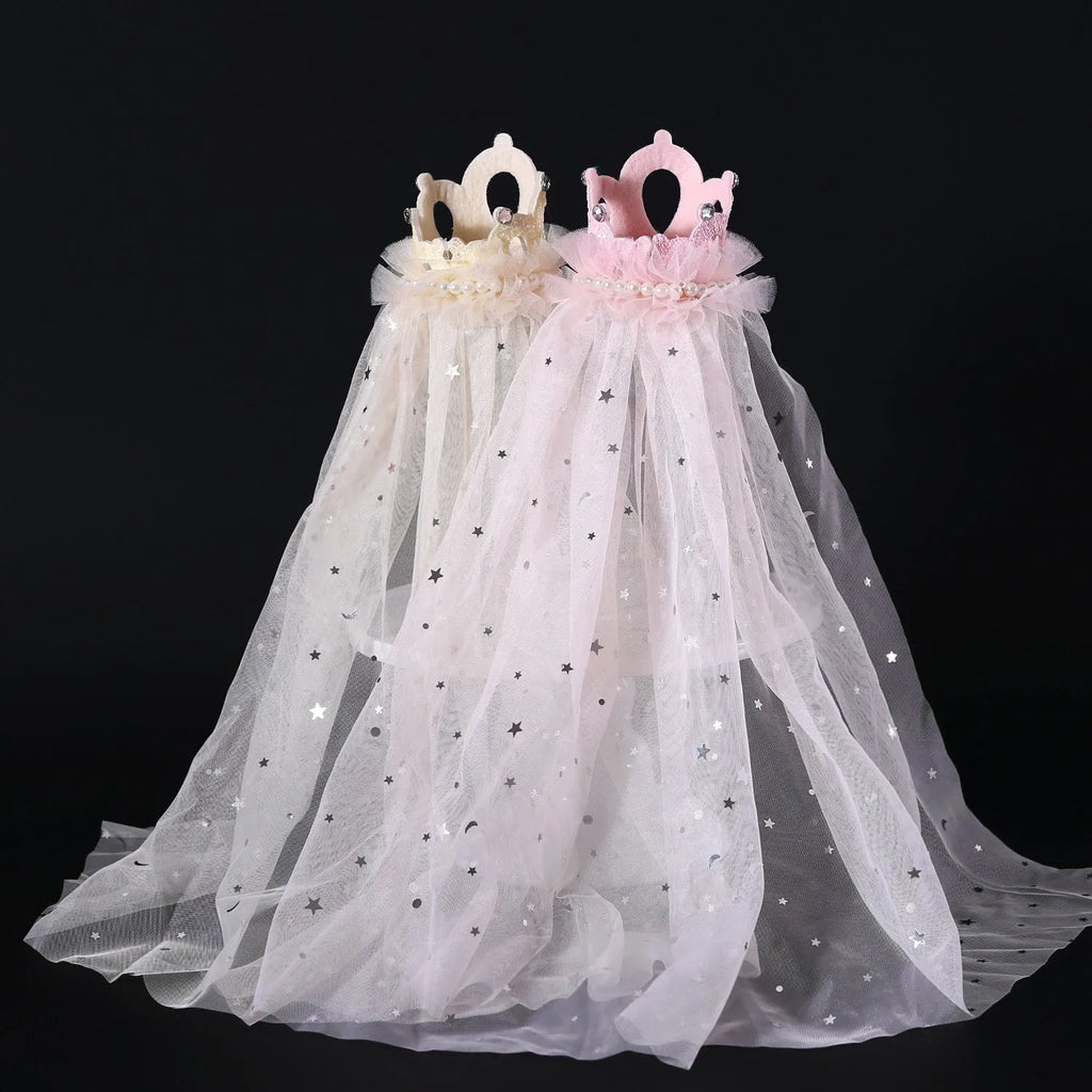 Pet wedding princess crown headdress with adjustable tie in cotton-polyester blend
