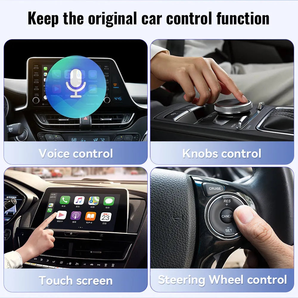 Black mini CarPlay USB interface adapter with compact dimensions for wireless smartphone connectivity in vehicles