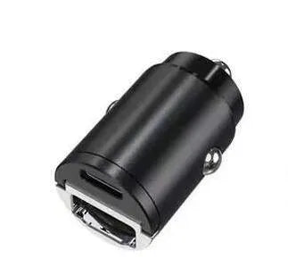 30W mini car charger with USB-C and QC3.0 ports in black zinc alloy housing