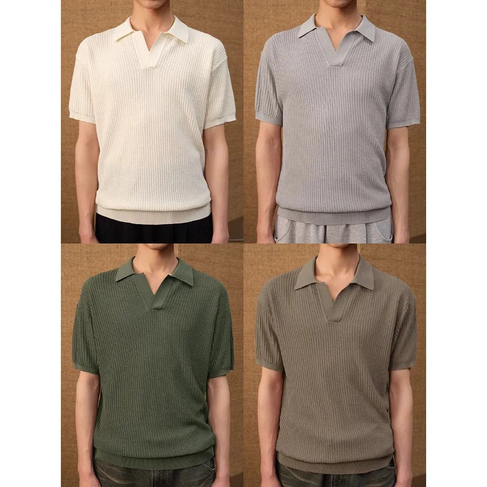 Men's striped polo shirt in ice silk fabric showing loose fit and short sleeves in creamy-white colour