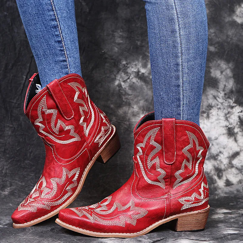 Women's cowboy boots with embroidery decoration and low wedge heel in blue colour