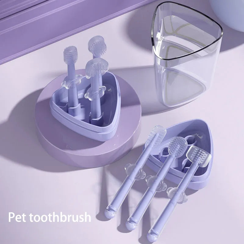Purple silicone pet toothbrush with soft bristles for cleaning cat and dog teeth