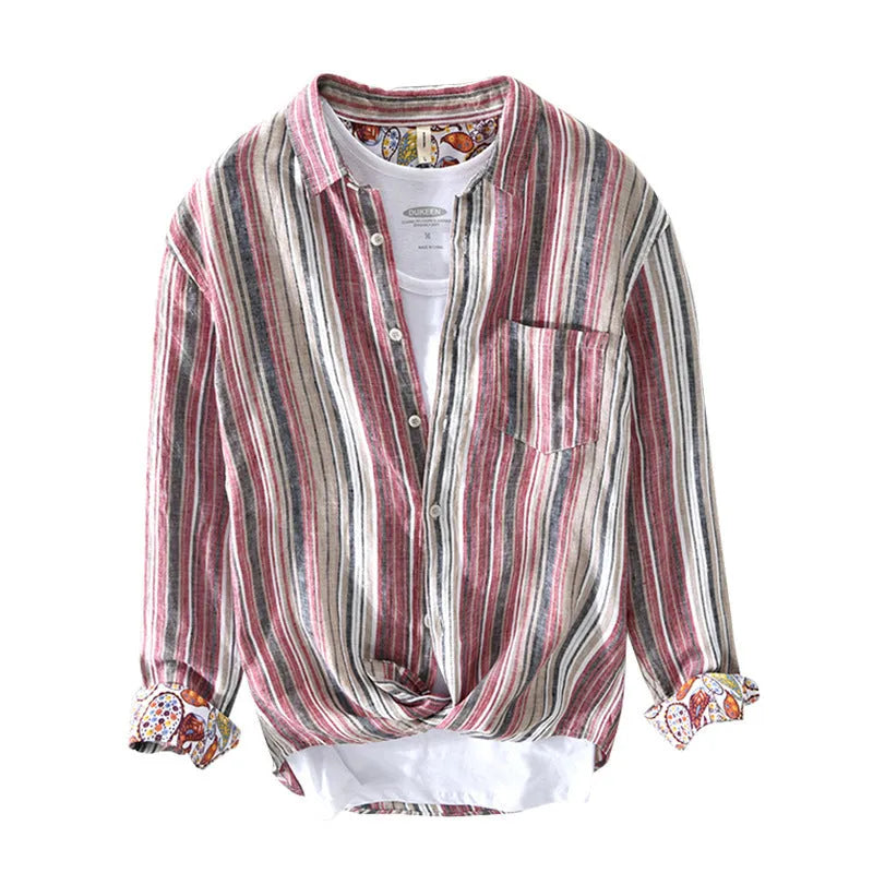 Men's casual linen striped shirt with loose fit long sleeves in red or grey colours