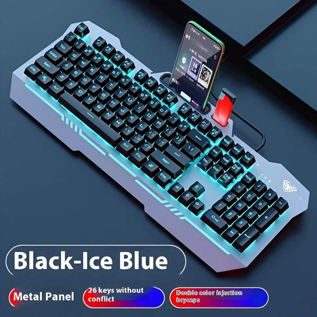 Black and white wired gaming peripheral bundles showing keyboard, mouse, and headset with coloured lighting.