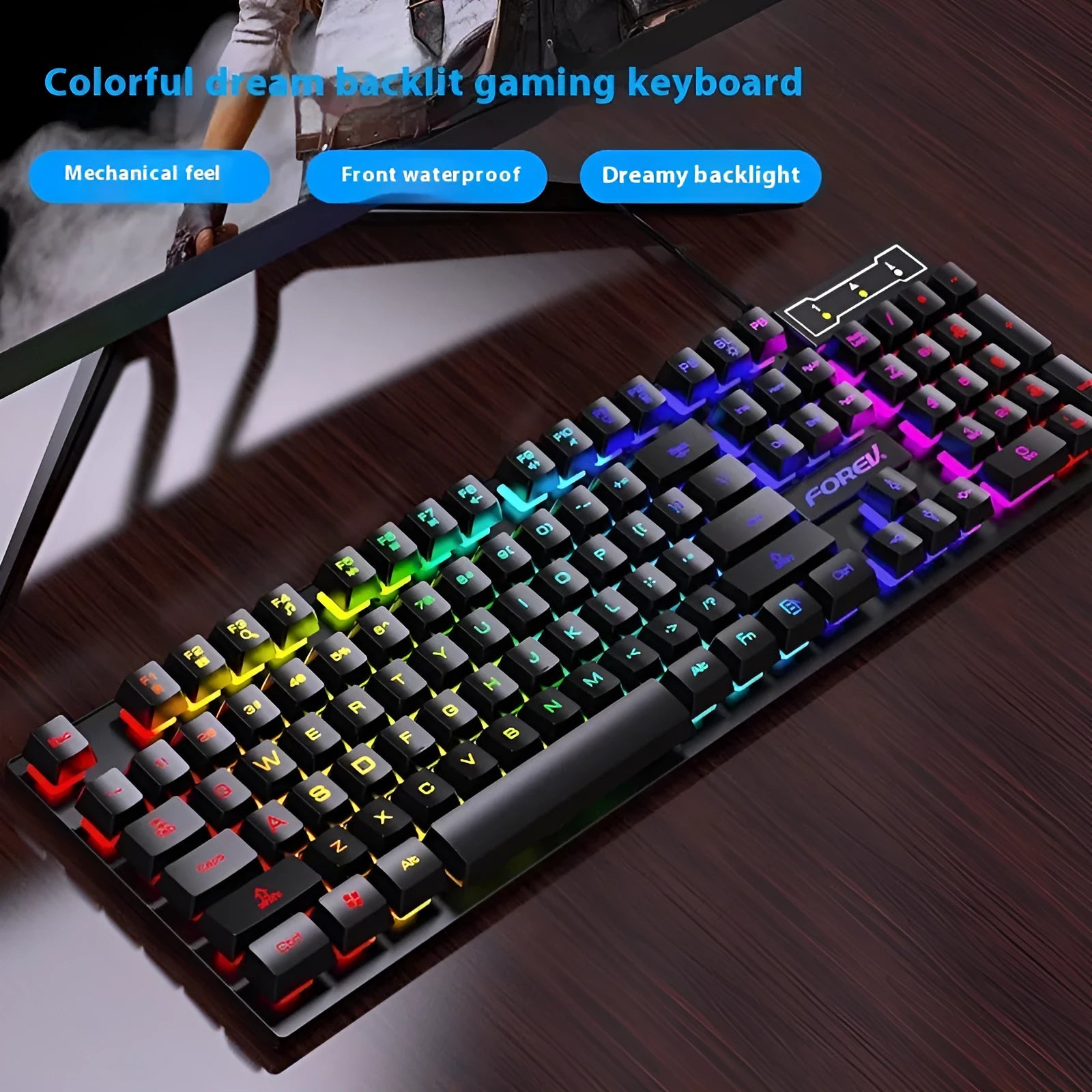 Black portable gaming keyboard with 104 keys and backlight, showing compact size and USB cable
