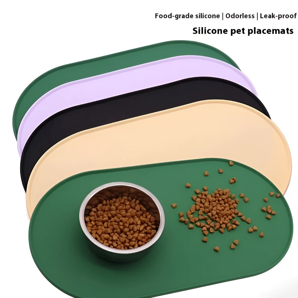 Silicone cat feeding placemat in beige colour showing non-slip underside and waterproof surface.