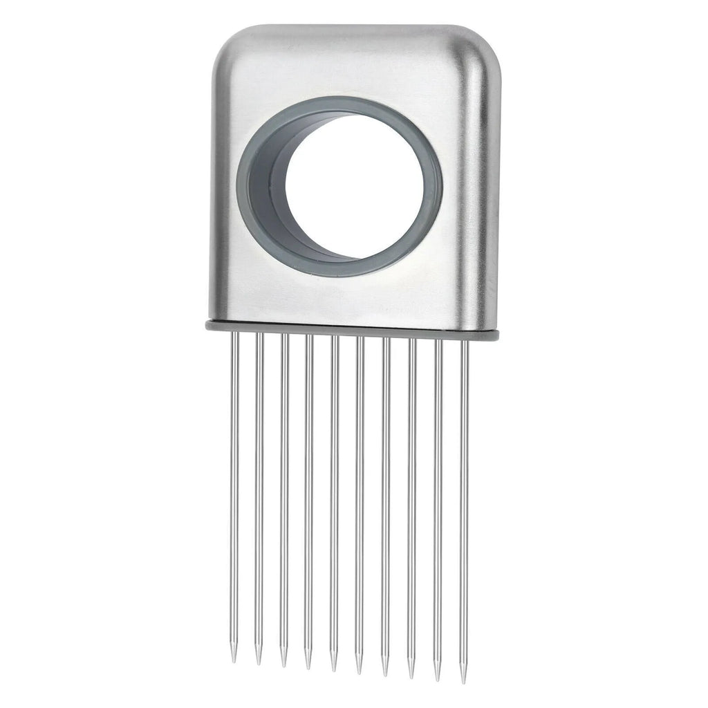 Stainless steel onion slicer tool with needles on a white ABS base.