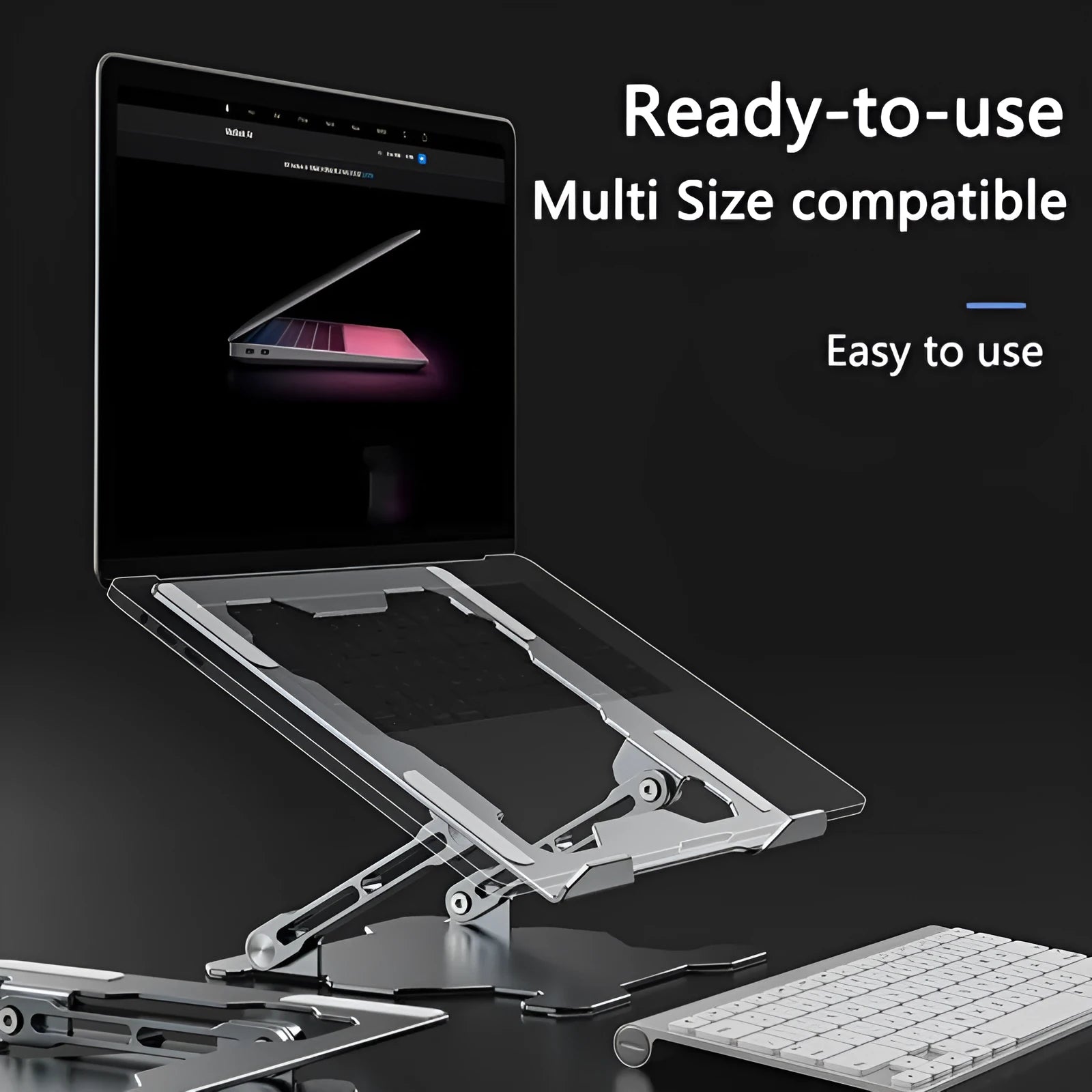 Aluminium adjustable laptop stand in folded and unfolded positions showing grey colour option
