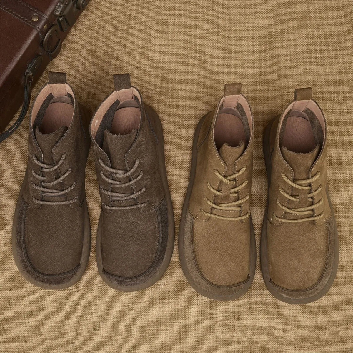 Grey retro Martin boots with genuine leather upper, wedge heel, and front lace-up design.