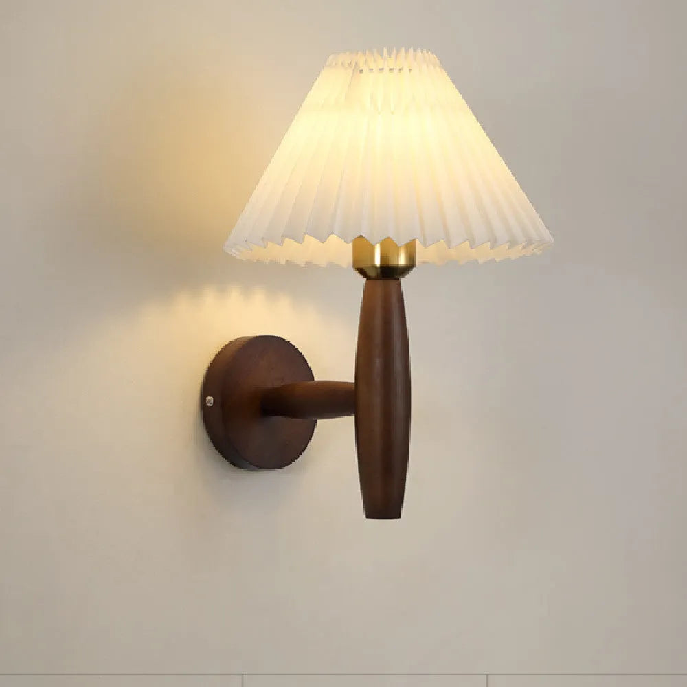 Retro wooden wall lamp with fabric shade in walnut or copper finish for bedside or living room