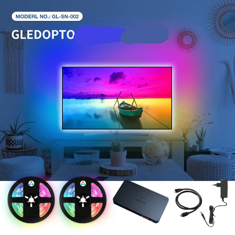Computer to TV display splitter hub with HDMI SYNC RGB LED light strip, junction box, and cables.