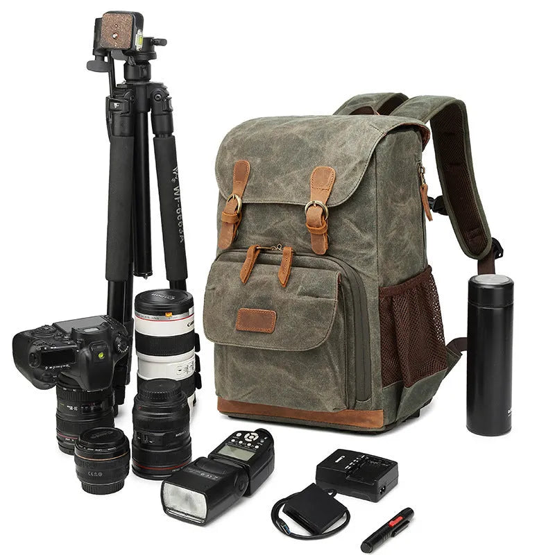 Canvas DSLR camera backpack in khaki colour with backpack straps and multi-functional design