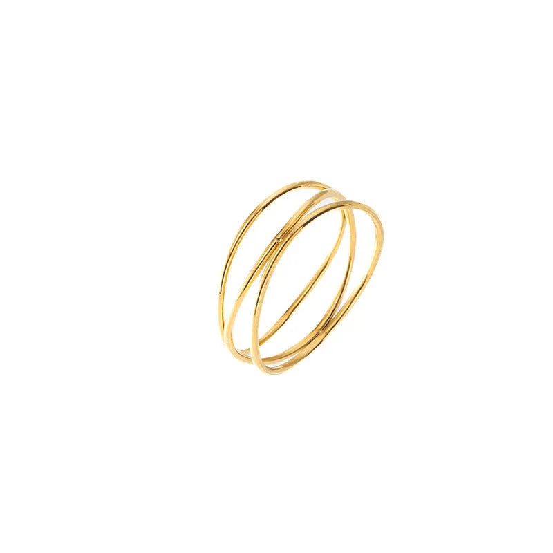 Geometric three-layer coil ring with gold electroplated finish on titanium steel