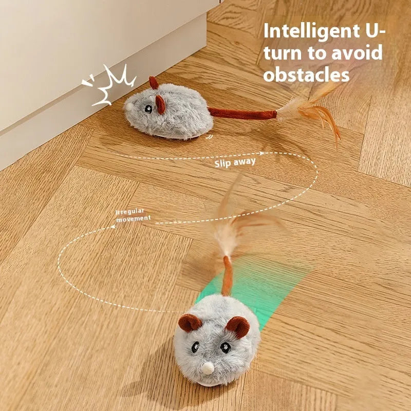 Electric plush mouse cat toy in pink, shown with a Type-C charging cable.