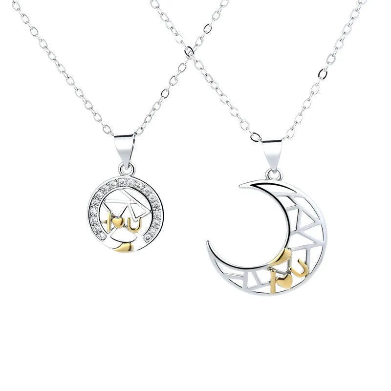 Sun and moon tooth couple necklace with copper pendants on cross chain