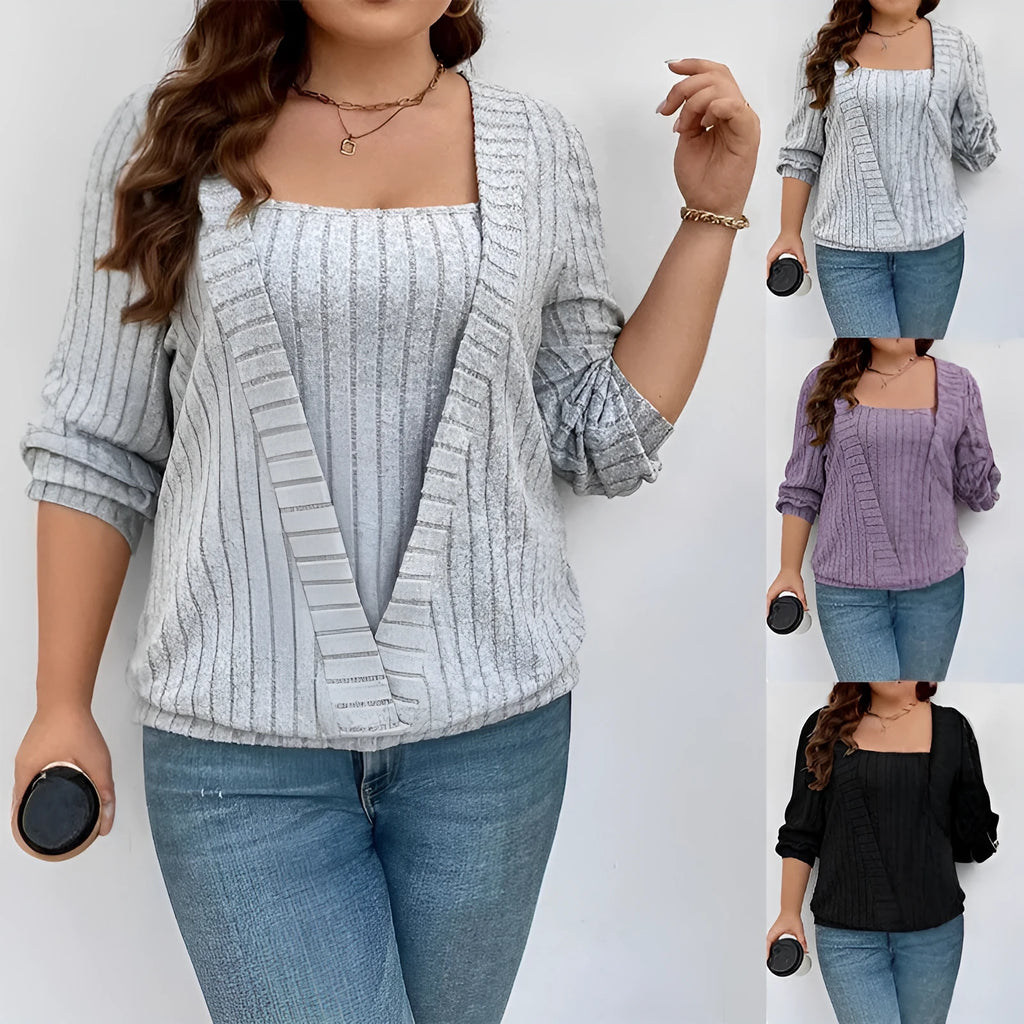 Women's V-neck long sleeve two-piece suit in rib fabric, loose fit, shown in solid colour